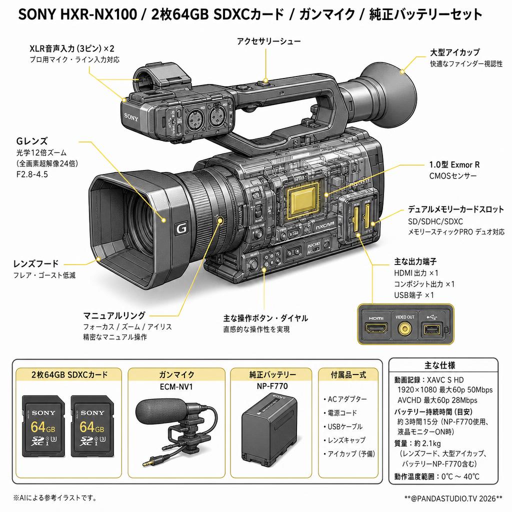 SONY HXR-NX100 / 2枚64GB SDXCカード / ガンマイク / 純正バッテリーセット スペック