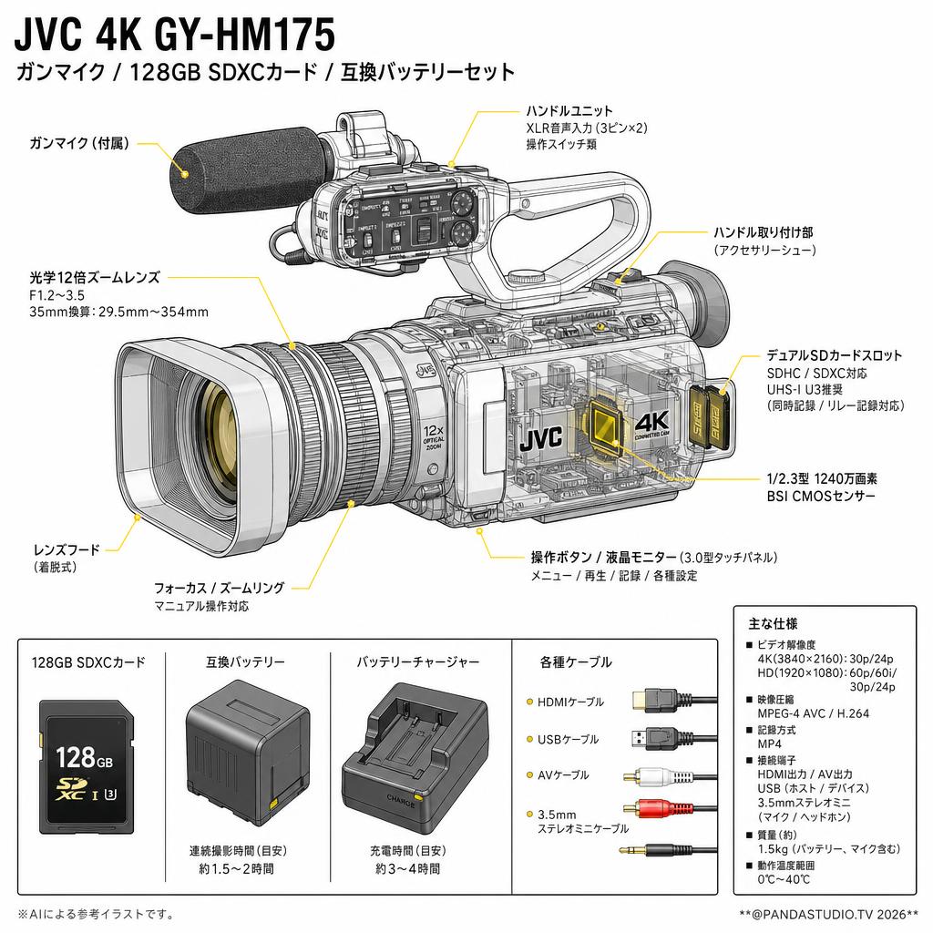 JVC 4K GY-HM175 / ガンマイク / 128GB SDXCカード / 互換バッテリーセット スペック