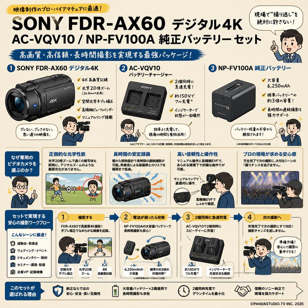 SONY FDR-AX60 デジタル４K / AC-VQV10 / NP-FV100A 純正バッテリー セット 概要