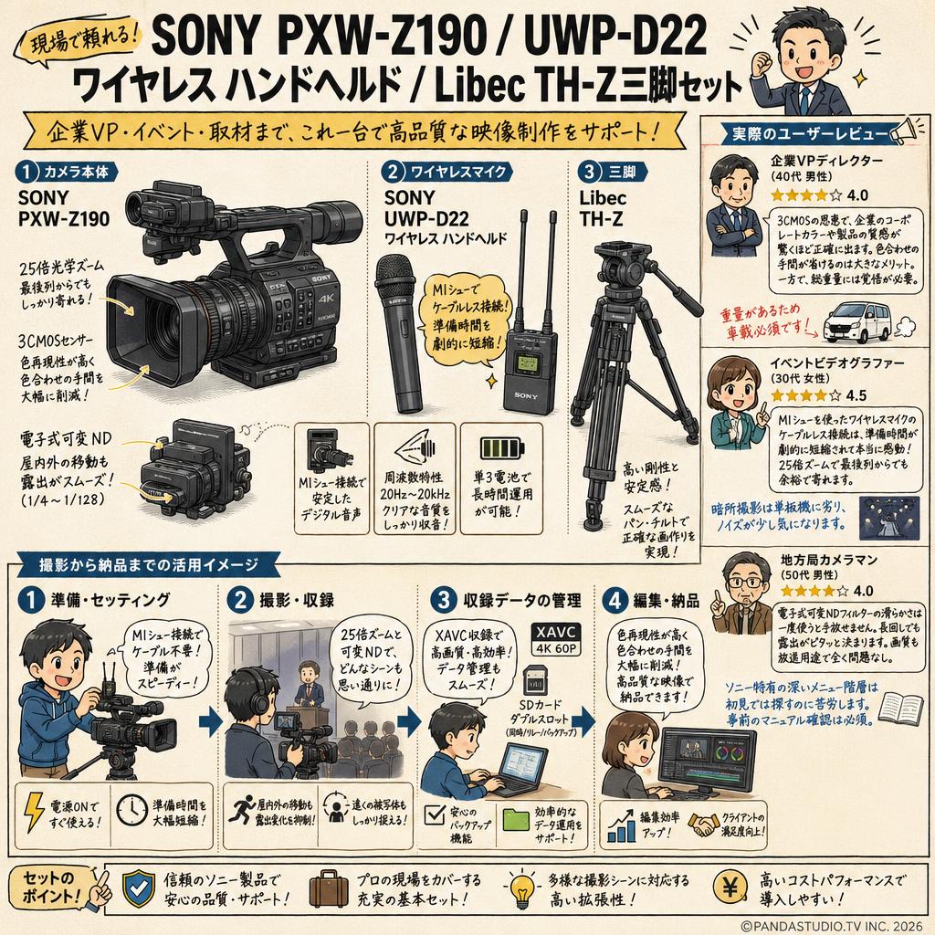 SONY PXW-Z190 / UWP-D22 ワイヤレス ハンドヘルド / Libec TH-Z三脚セット インターネット上のお客様の声（評判）