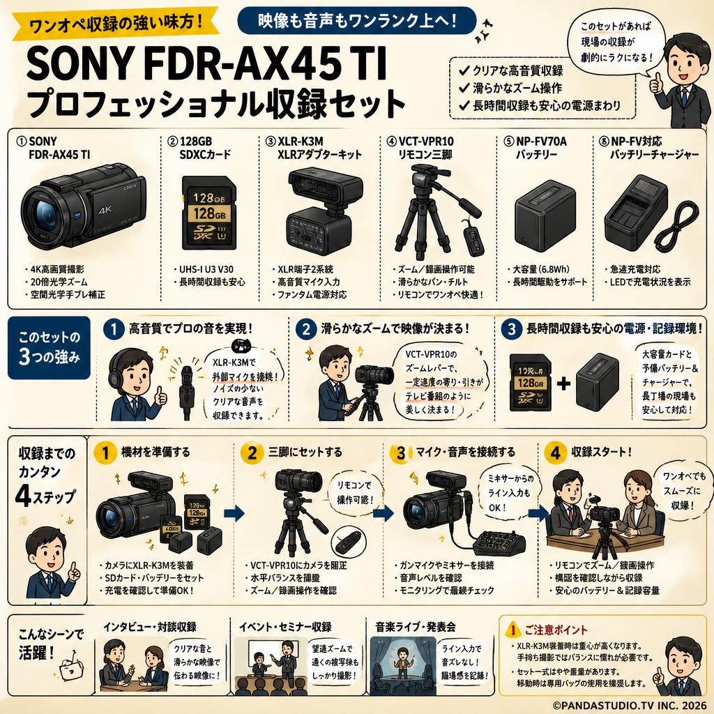SONY FDR-AX45 TI  / 128GB SDXCカード /  XLR-K3M / VCT-VPR10 リモコン三脚 / NP-FV70A / NP-FV 対応バッテリーチャージャーセット インターネット上のお客様の声（評判）