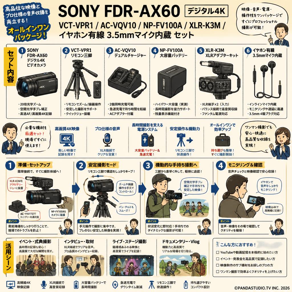 SONY FDR-AX60 デジタル４K / VCT-VPR1 / AC-VQV10 / NP-FV100A / XLR-K3M / イヤホン有線 3.5mmマイク内蔵 セット 概要