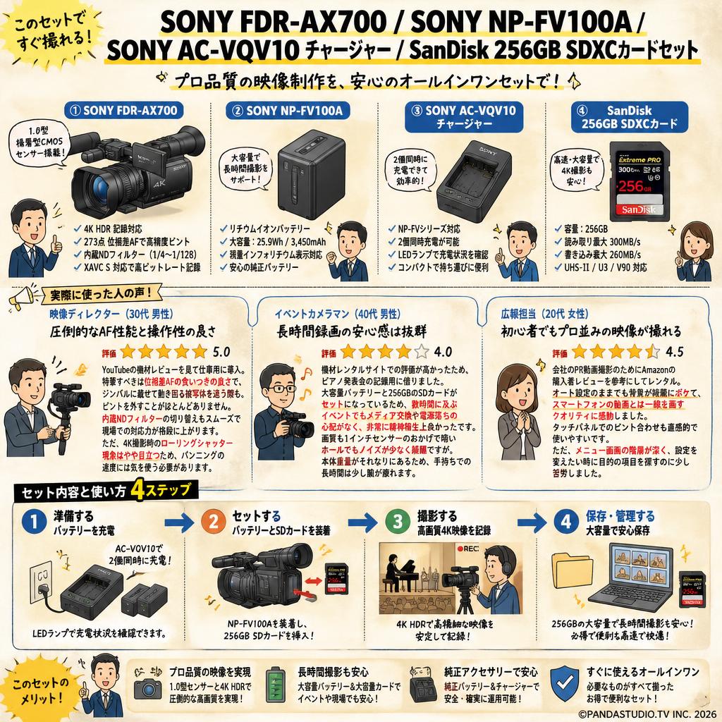 SONY FDR-AX700 / SONY NP-FV100A / SONY AC-VQV10 チャージャー / SanDisk 256GB SDXCカードセット インターネット上のお客様の声（評判）