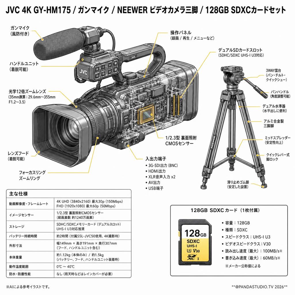 JVC 4K GY-HM175 / ガンマイク  / NEEWER ビデオカメラ三脚 / 128GB SDXCカードセット スペック