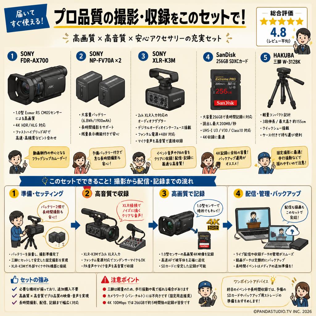 SONY FDR-AX700 / SONY NP-FV70A×2 / SONY XLR-K3M / SanDisk 256GB SDXCカード/ HAKUBA 三脚 W-312BKセット インターネット上のお客様の声（評判）