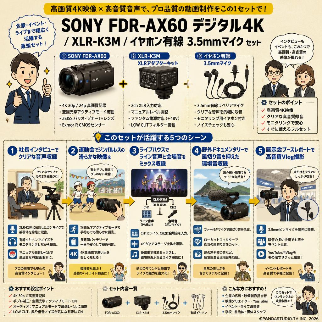 SONY FDR-AX60 デジタル４K / XLR-K3M / イヤホン有線 3.5mmマイク セット 用途