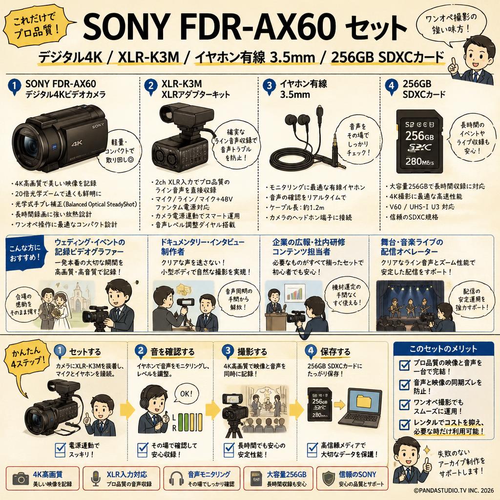SONY FDR-AX60 デジタル４K / XLR-K3M / イヤホン有線 3.5mm / 256GB SDXCカード セット おもな対象のお客様