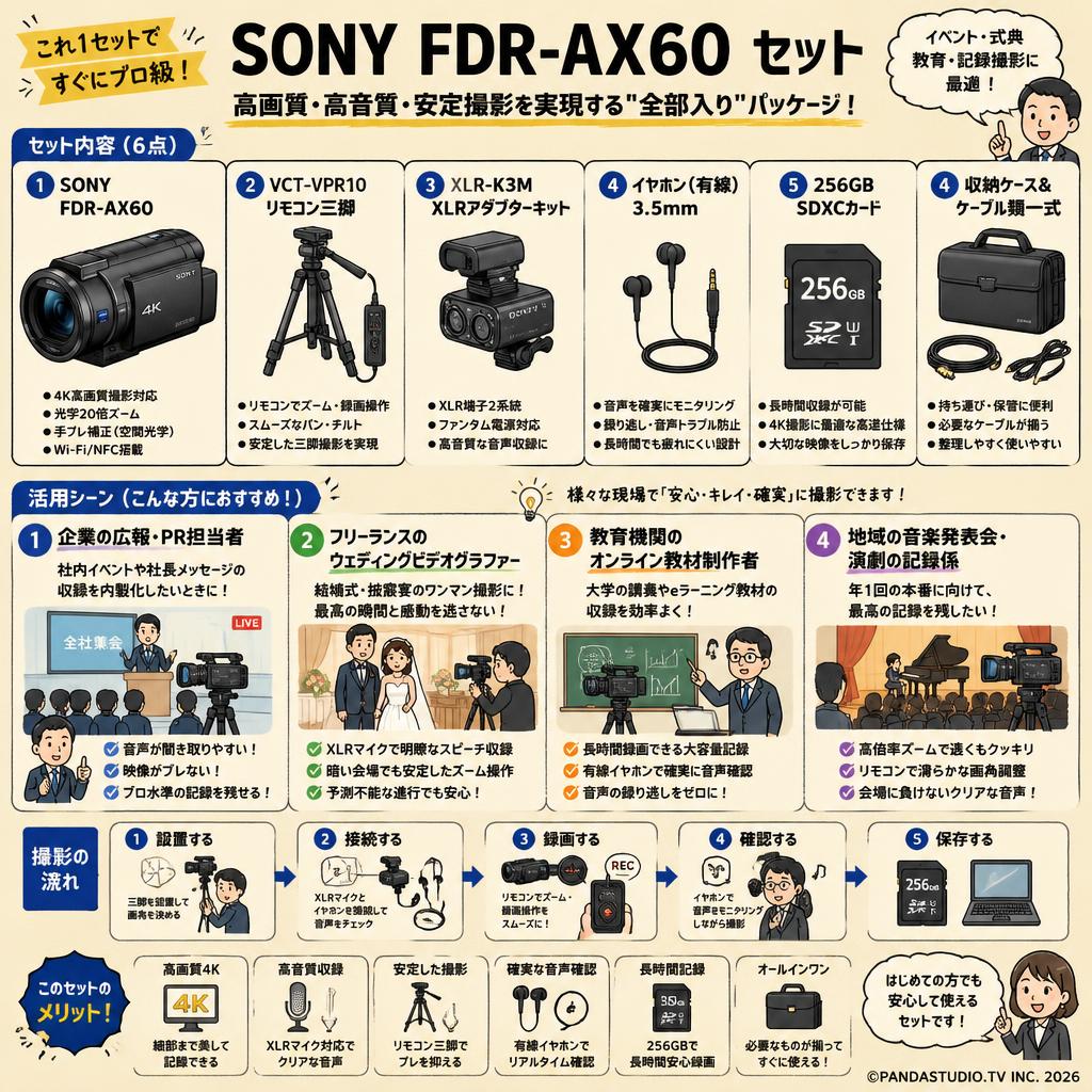 SONY FDR-AX60 デジタル４K / VCT-VPR10 / XLR-K3M / イヤホン有線 3.5mm / 256GB SDXCカード セット おもな対象のお客様