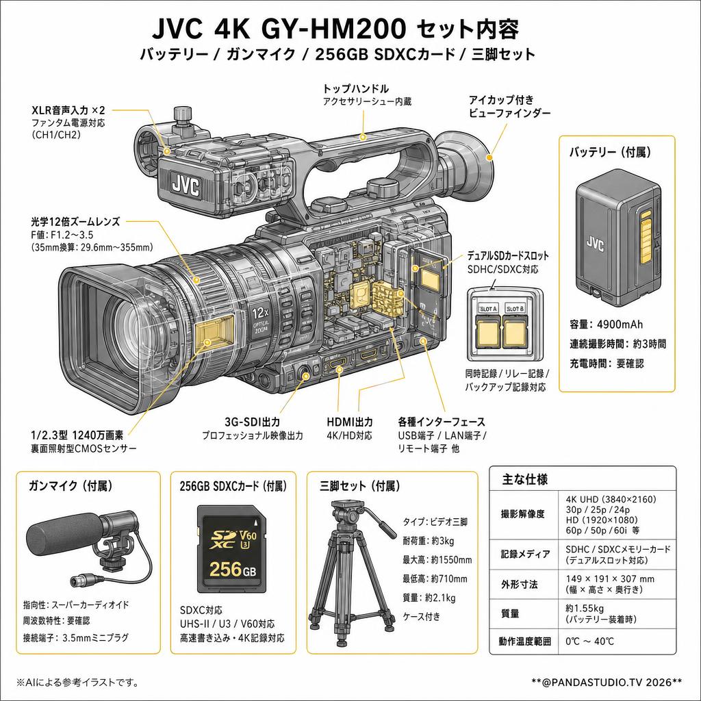 JVC  4K GY-HM200 / バッテリー / ガンマイク / 256GB SDXCカード / 三脚セット スペック
