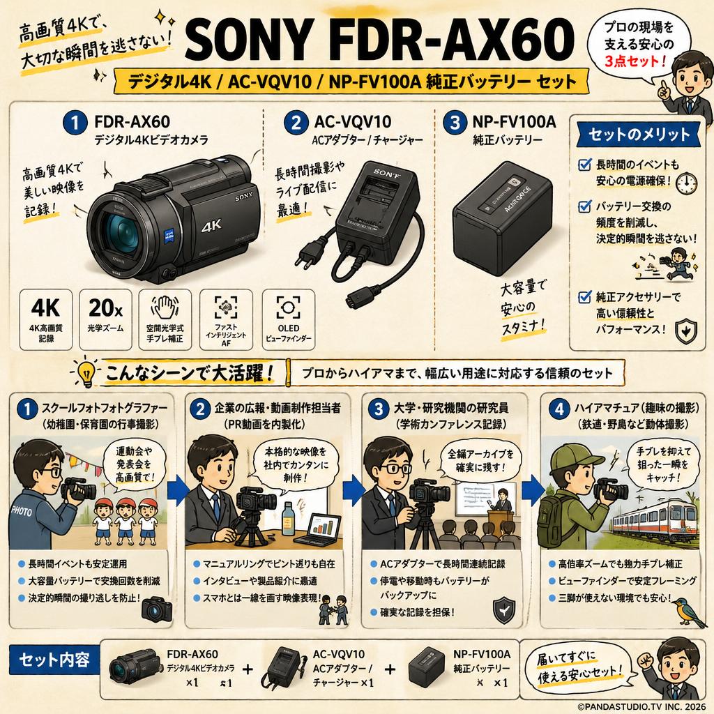 SONY FDR-AX60 デジタル４K / AC-VQV10 / NP-FV100A 純正バッテリー セット おもな対象のお客様