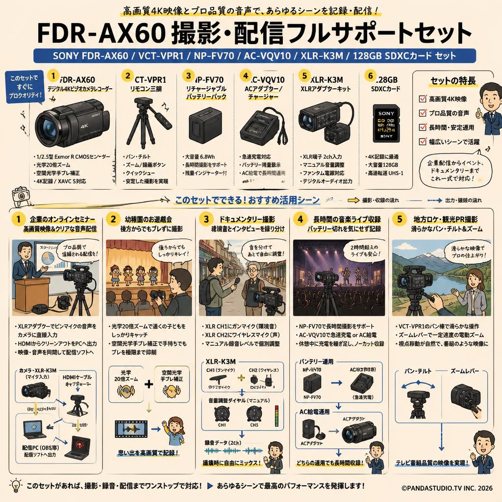 SONY FDR-AX60 デジタル４K / VCT-VPR1 / NP-FV70 / AC-VQV10 / XLR-K3M / 128GB SDXCカード セット 用途