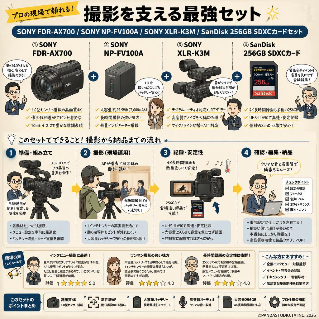 SONY FDR-AX700 / SONY NP-FV100A / SONY XLR-K3M / SanDisk 256GB SDXCカードセット インターネット上のお客様の声（評判）