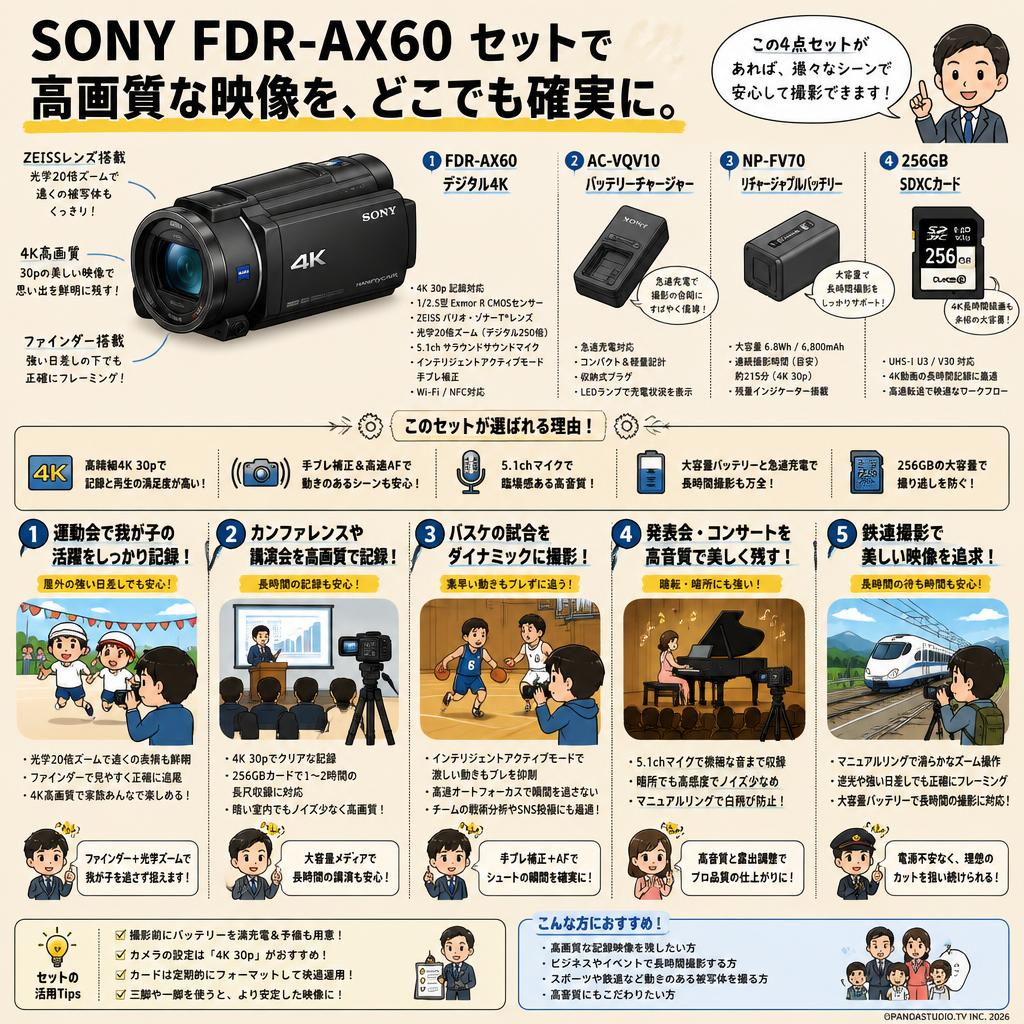 SONY FDR-AX60 デジタル４K / AC-VQV10 / NP-FV70 / 256GB SDXCカード セット 用途
