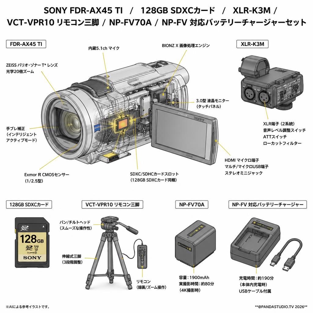 SONY FDR-AX45 TI  / 128GB SDXCカード /  XLR-K3M / VCT-VPR10 リモコン三脚 / NP-FV70A / NP-FV 対応バッテリーチャージャーセット スペック