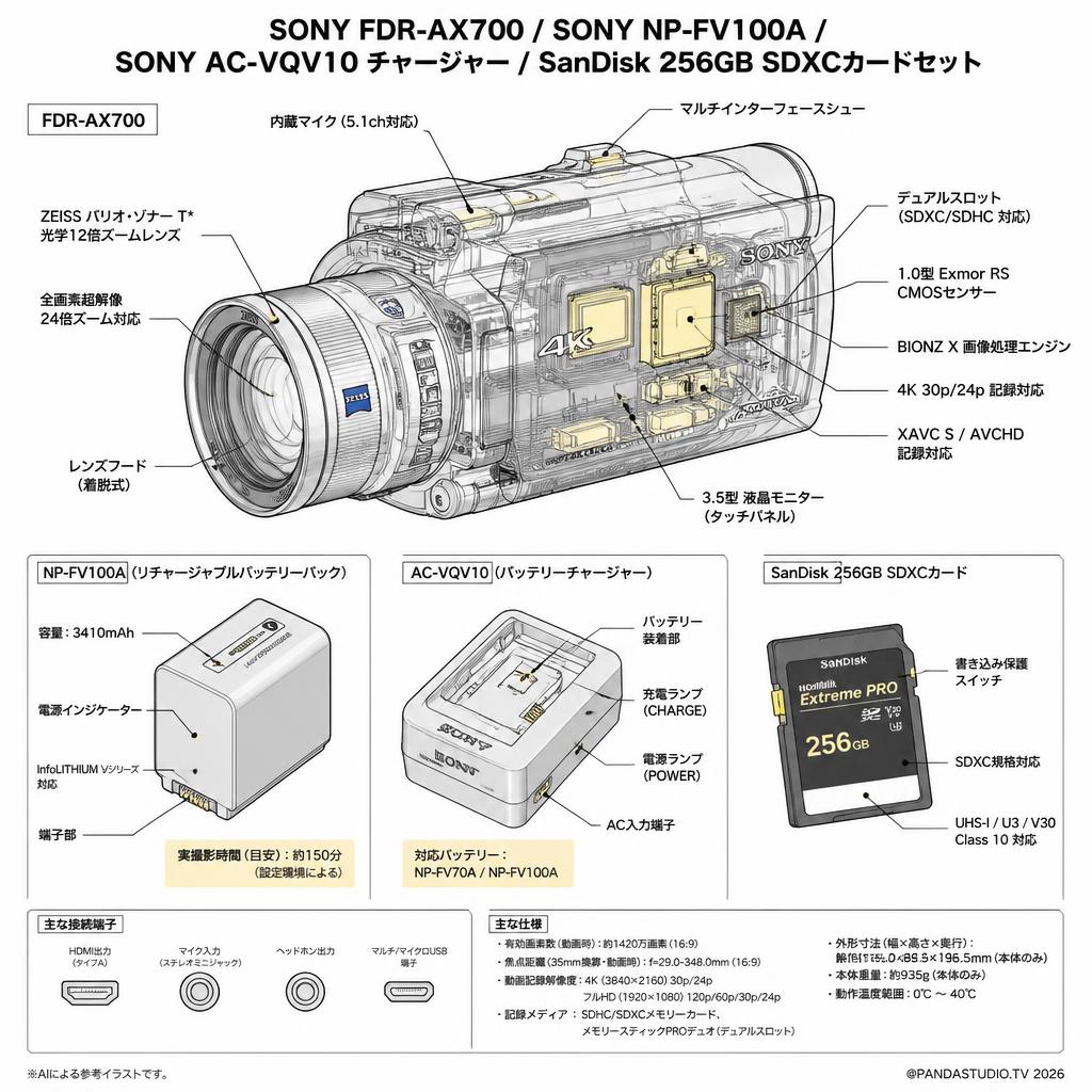 SONY FDR-AX700 / SONY NP-FV100A / SONY AC-VQV10 チャージャー / SanDisk 256GB SDXCカードセット スペック