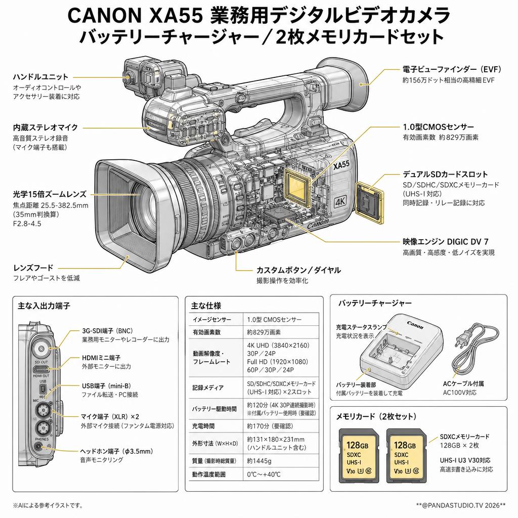 CANON XA55 業務用デジタルビデオカメラ / バッテリーチャージャー/2枚メモリカードセット スペック