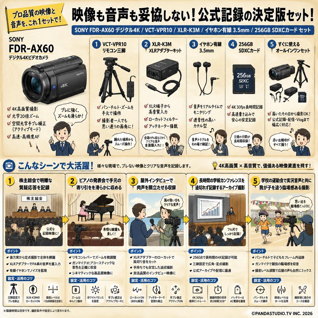 SONY FDR-AX60 デジタル４K / VCT-VPR10 / XLR-K3M / イヤホン有線 3.5mm / 256GB SDXCカード セット 用途