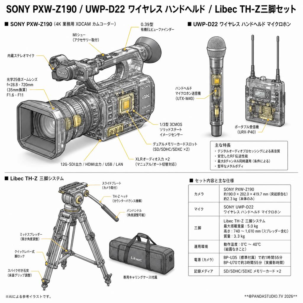 SONY PXW-Z190 / UWP-D22 ワイヤレス ハンドヘルド / Libec TH-Z三脚セット スペック