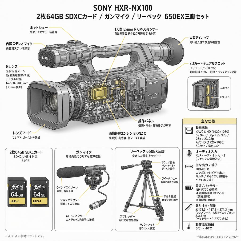 SONY HXR-NX100 / 2枚64GB SDXCカード / ガンマイク / リーベック 650EX三脚セット スペック