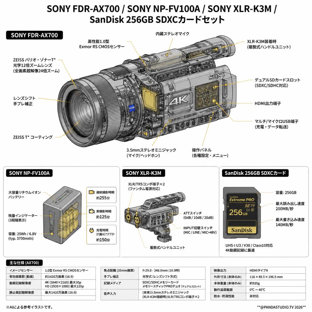 SONY FDR-AX700 / SONY NP-FV100A / SONY XLR-K3M / SanDisk 256GB SDXCカードセット スペック