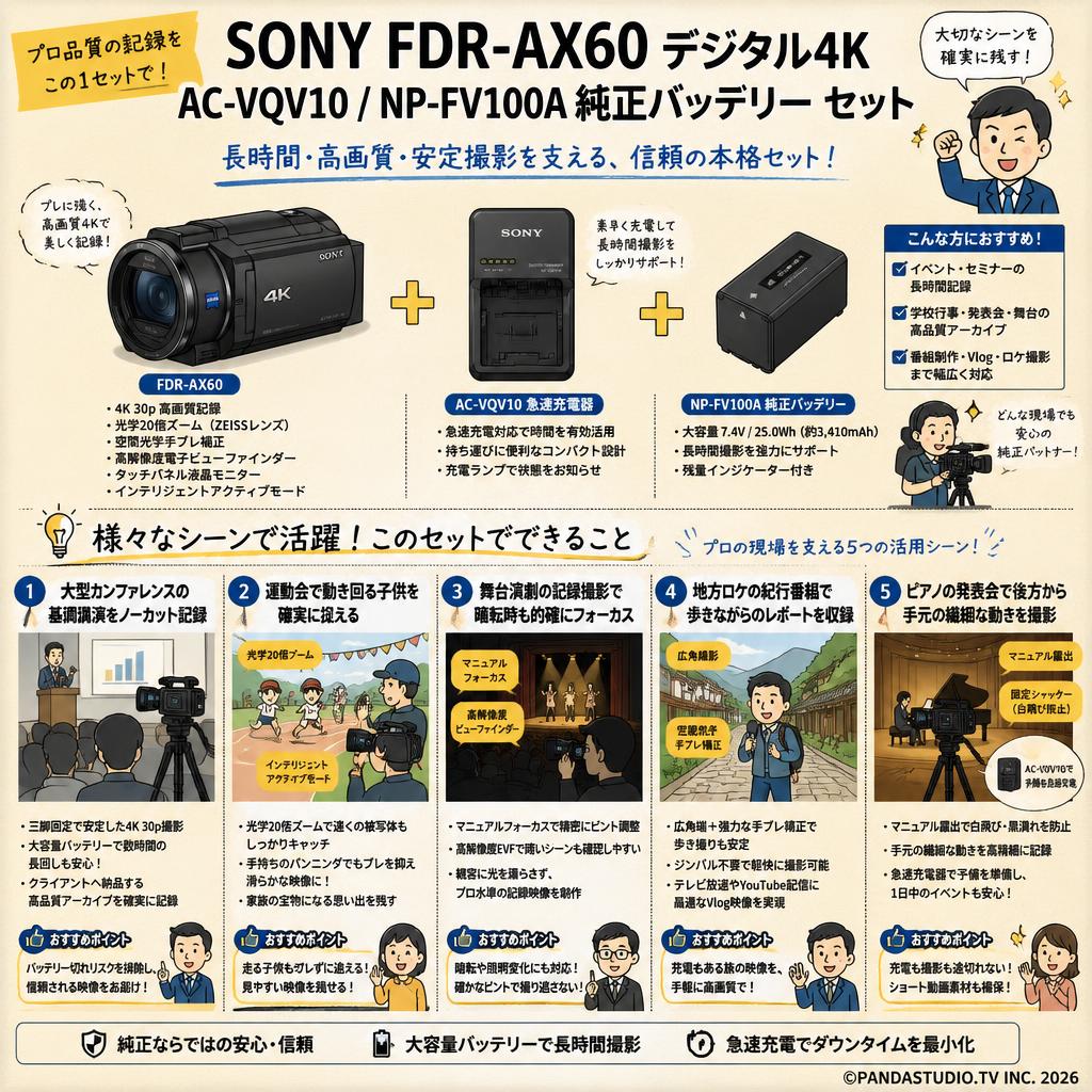 SONY FDR-AX60 デジタル４K / AC-VQV10 / NP-FV100A 純正バッテリー セット 用途