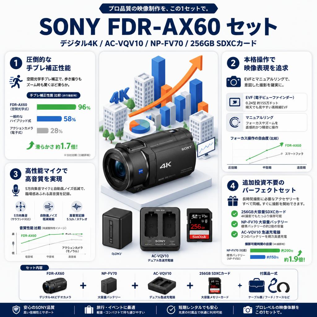 SONY FDR-AX60 デジタル４K / AC-VQV10 / NP-FV70 / 256GB SDXCカード セット セールスポイント