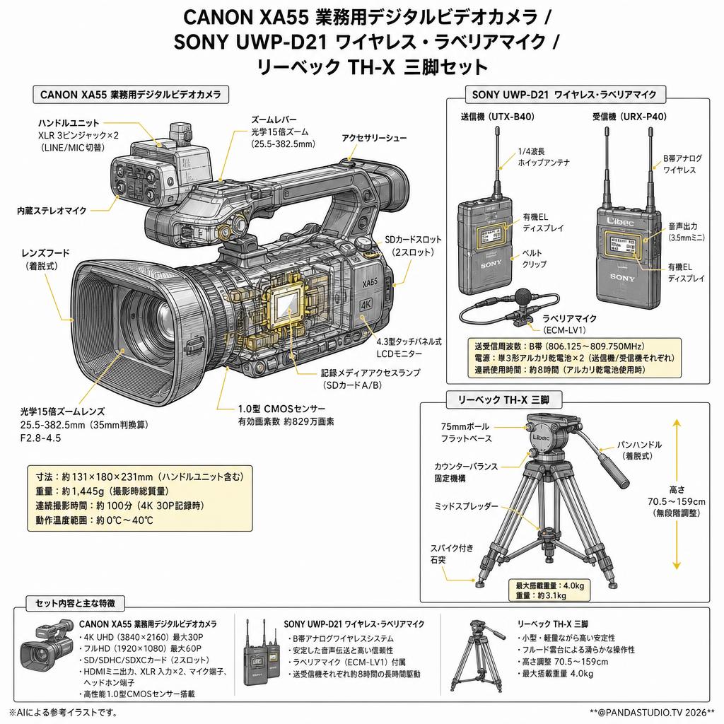 CANON XA55 業務用デジタルビデオカメラ/ SONY UWP-D21 ワイヤレス・ラベリアマイク/ リーベック TH-X三脚セット スペック