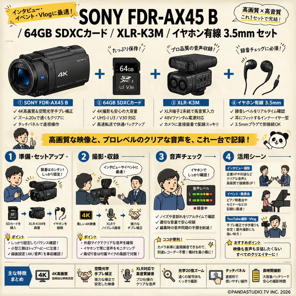 SONY FDR-AX45 B / 64GB SDXCカード / XLR-K3M / イヤホン有線 3.5mm セット インターネット上のお客様の声（評判）