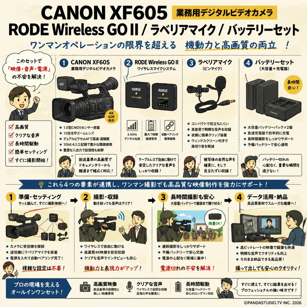 CANON XF605 業務用デジタルビデオカメラ / RODE Wireless GO II / ラベリアマイク / バッテリーセット 概要