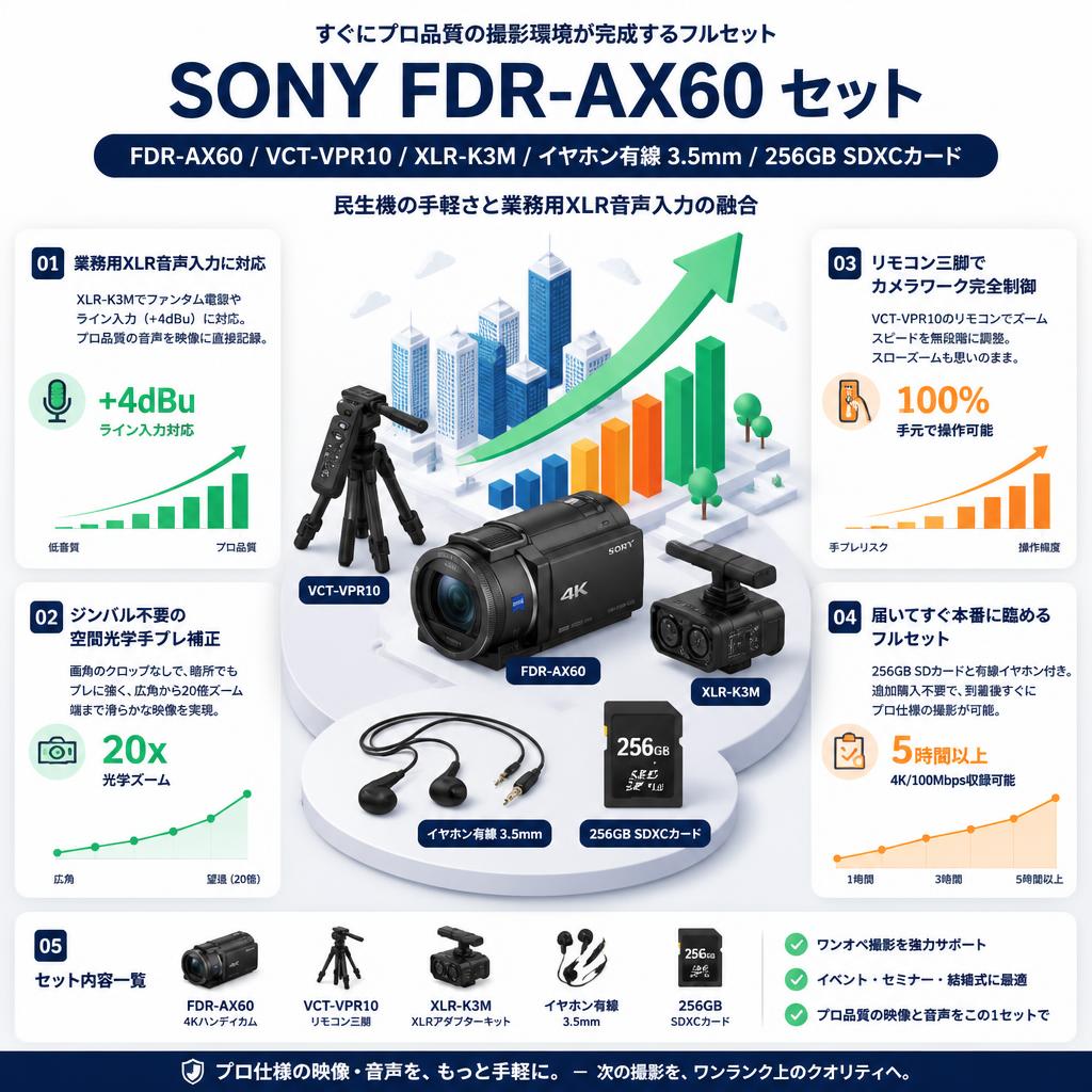 SONY FDR-AX60 デジタル４K / VCT-VPR10 / XLR-K3M / イヤホン有線 3.5mm / 256GB SDXCカード セット セールスポイント