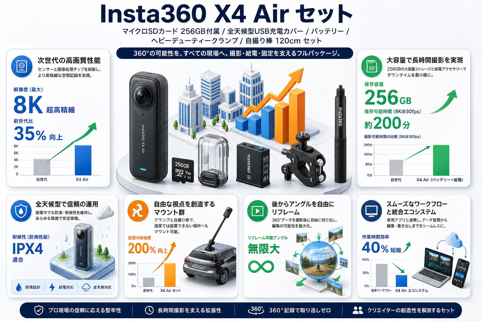 Insta360 X4 Air (マイクロSDカード 256GB付属）/ 全天候型USB充電カバー / バッテリー / ヘビーデューティークランプ/ 自撮り棒 120cm セット 概要