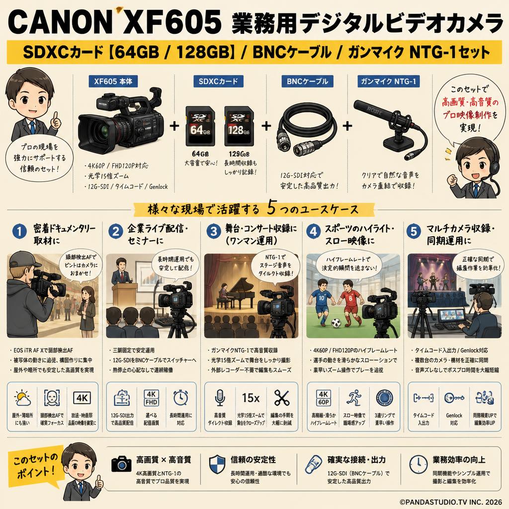 CANON XF605 業務用デジタルビデオカメラ / SDXCカード【64GB / 128GB 】/ BNCケーブル / ガンマイク NTG-1セット 用途