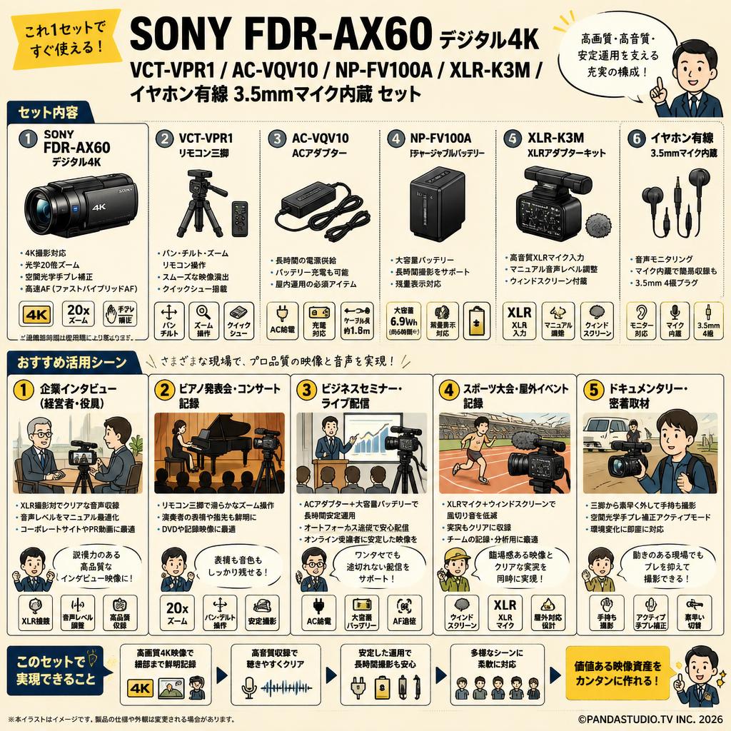 SONY FDR-AX60 デジタル４K / VCT-VPR1 / AC-VQV10 / NP-FV100A / XLR-K3M / イヤホン有線 3.5mmマイク内蔵 セット 用途