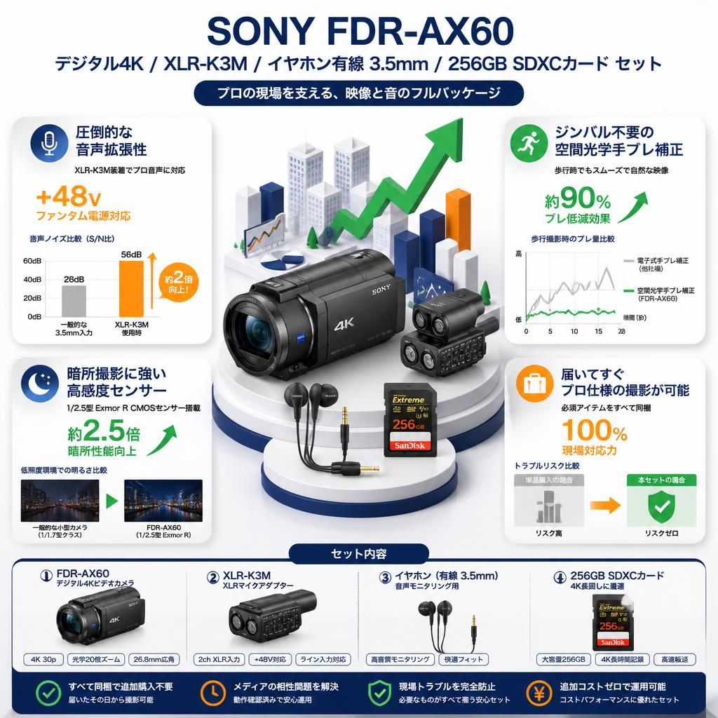 SONY FDR-AX60 デジタル４K / XLR-K3M / イヤホン有線 3.5mm / 256GB SDXCカード セット セールスポイント