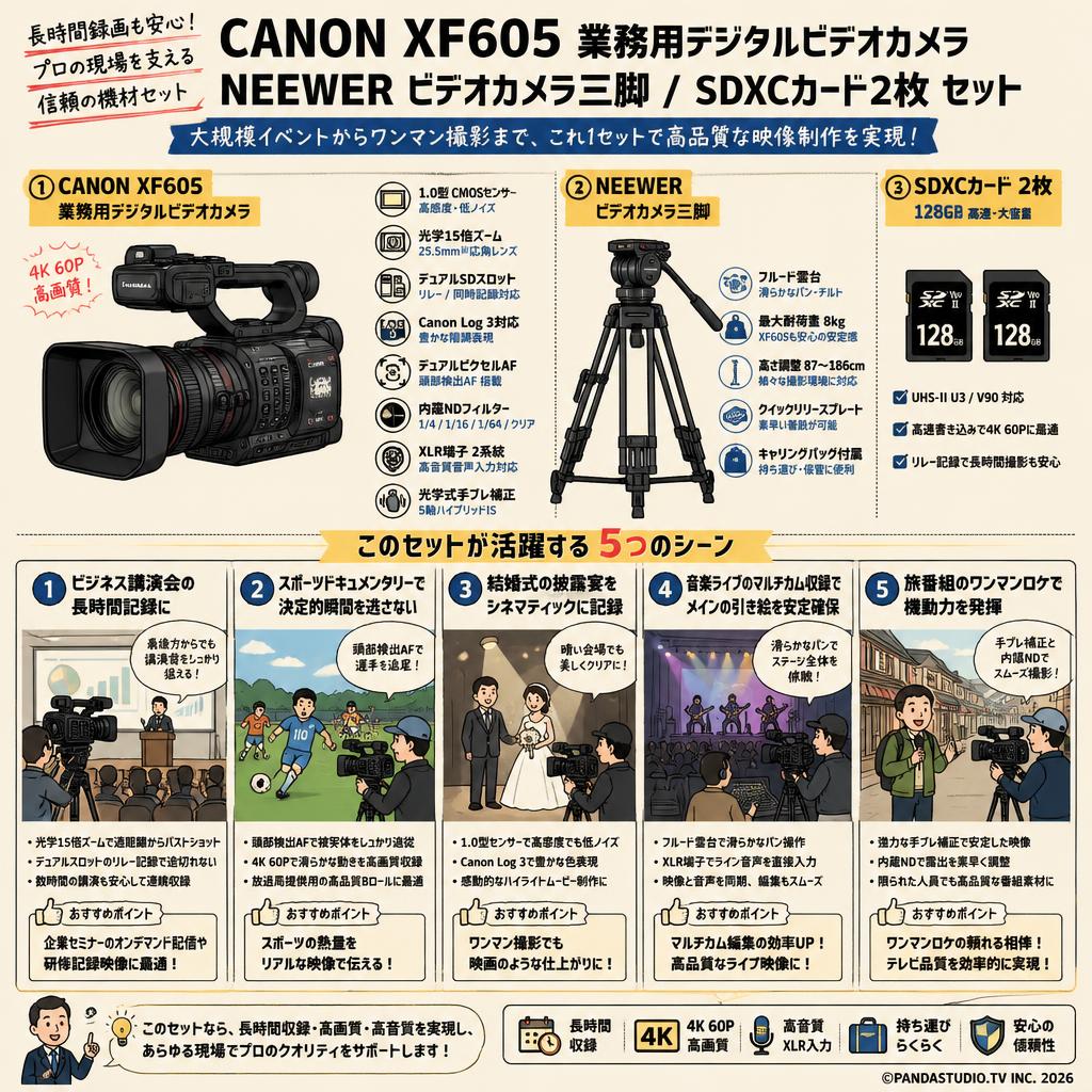 CANON XF605 業務用デジタルビデオカメラ / NEEWER ビデオカメラ三脚  / SDXCカード2枚 セット 用途
