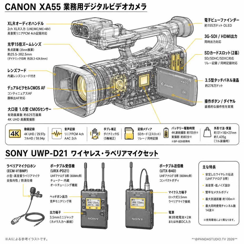 CANON XA55 業務用デジタルビデオカメラ / SONY UWP-D21 ワイヤレス・ラベリアマイクセット スペック