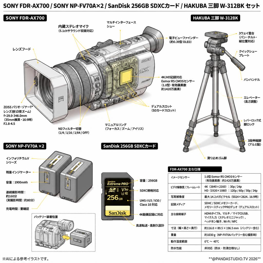 SONY FDR-AX700 / SONY NP-FV70A×2 / SanDisk 256GB SDXCカード/ HAKUBA 三脚 W-312BKセット スペック