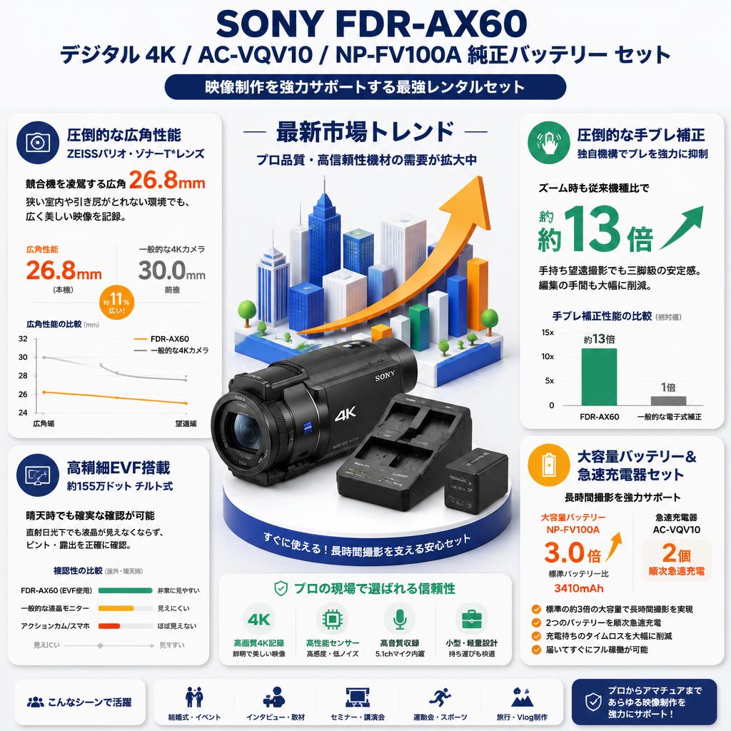 SONY FDR-AX60 デジタル４K / AC-VQV10 / NP-FV100A 純正バッテリー セット セールスポイント