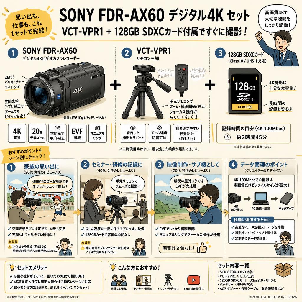 SONY FDR-AX60 デジタル４K / VCT-VPR1 / 128GB SDXCカード セット インターネット上のお客様の声（評判）