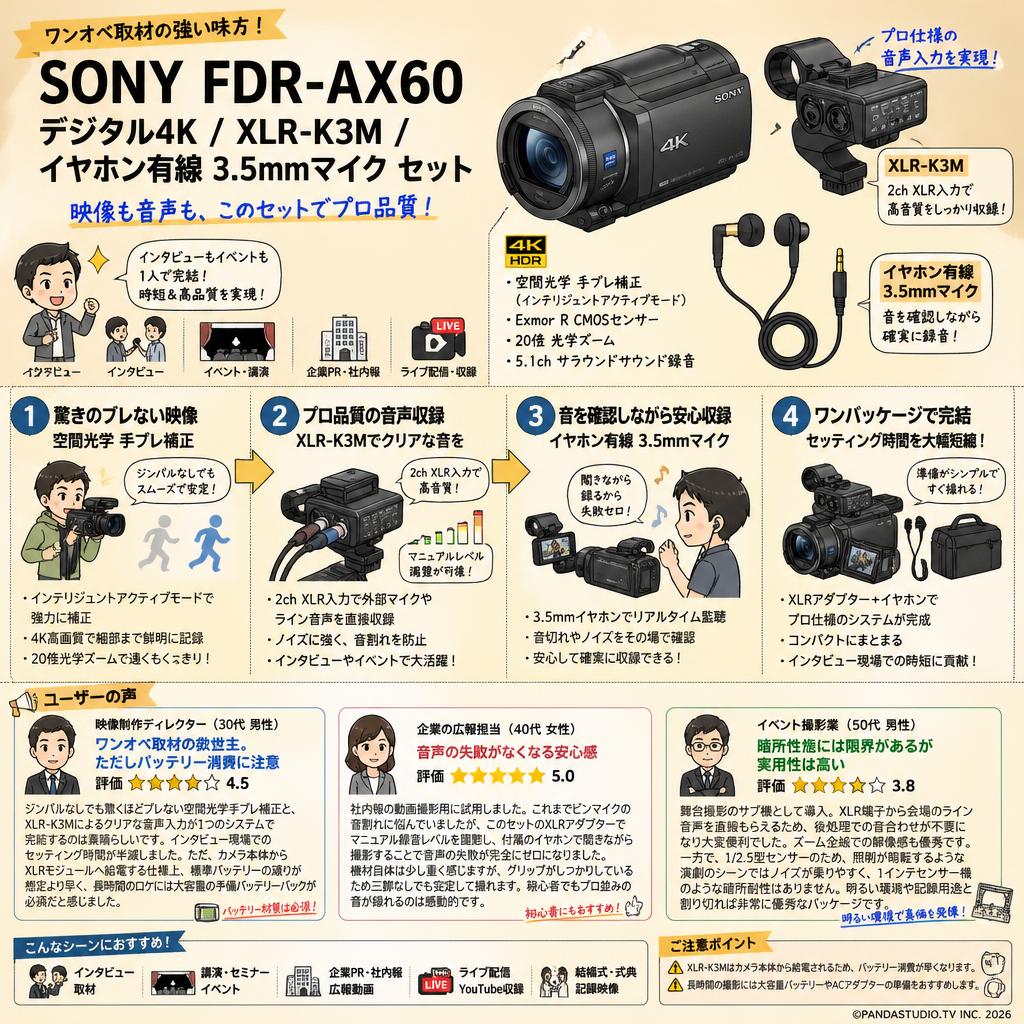 SONY FDR-AX60 デジタル４K / XLR-K3M / イヤホン有線 3.5mmマイク セット インターネット上のお客様の声（評判）