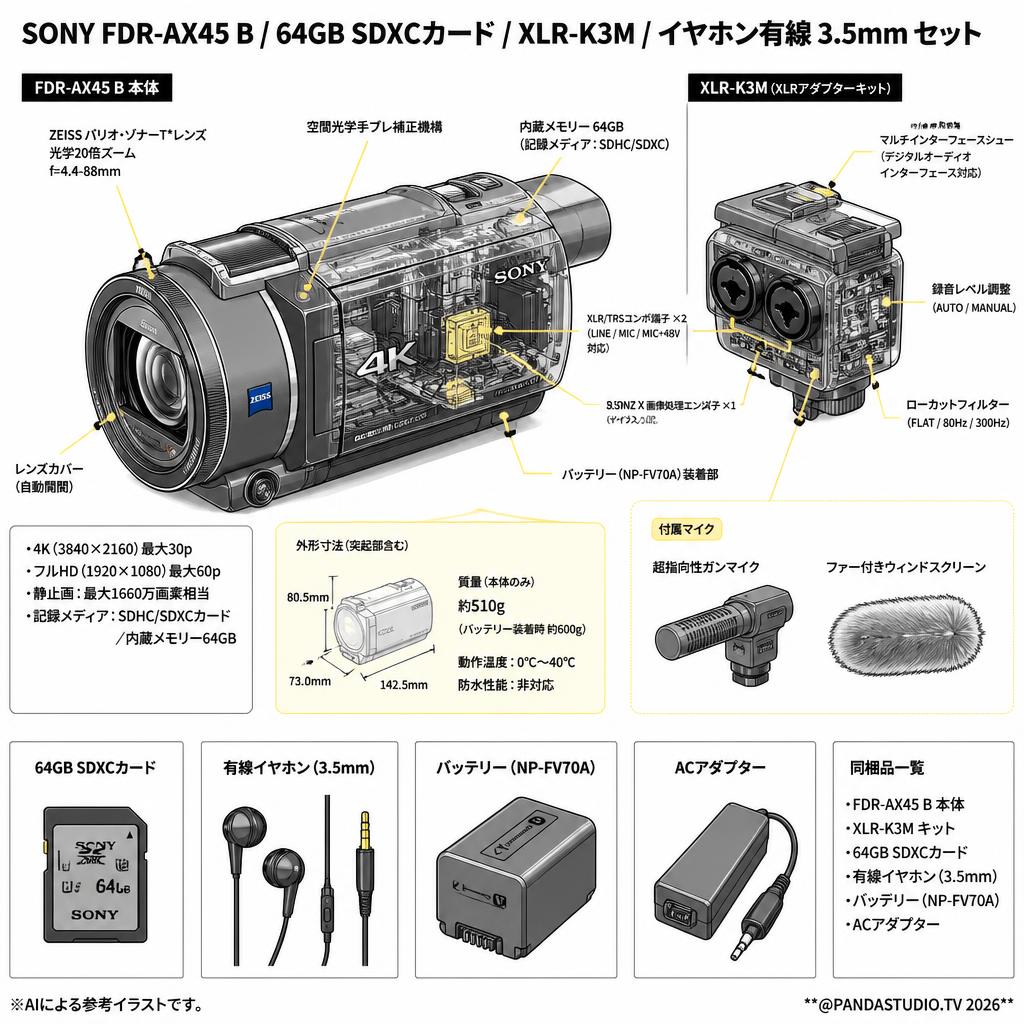 SONY FDR-AX45 B / 64GB SDXCカード / XLR-K3M / イヤホン有線 3.5mm セット スペック