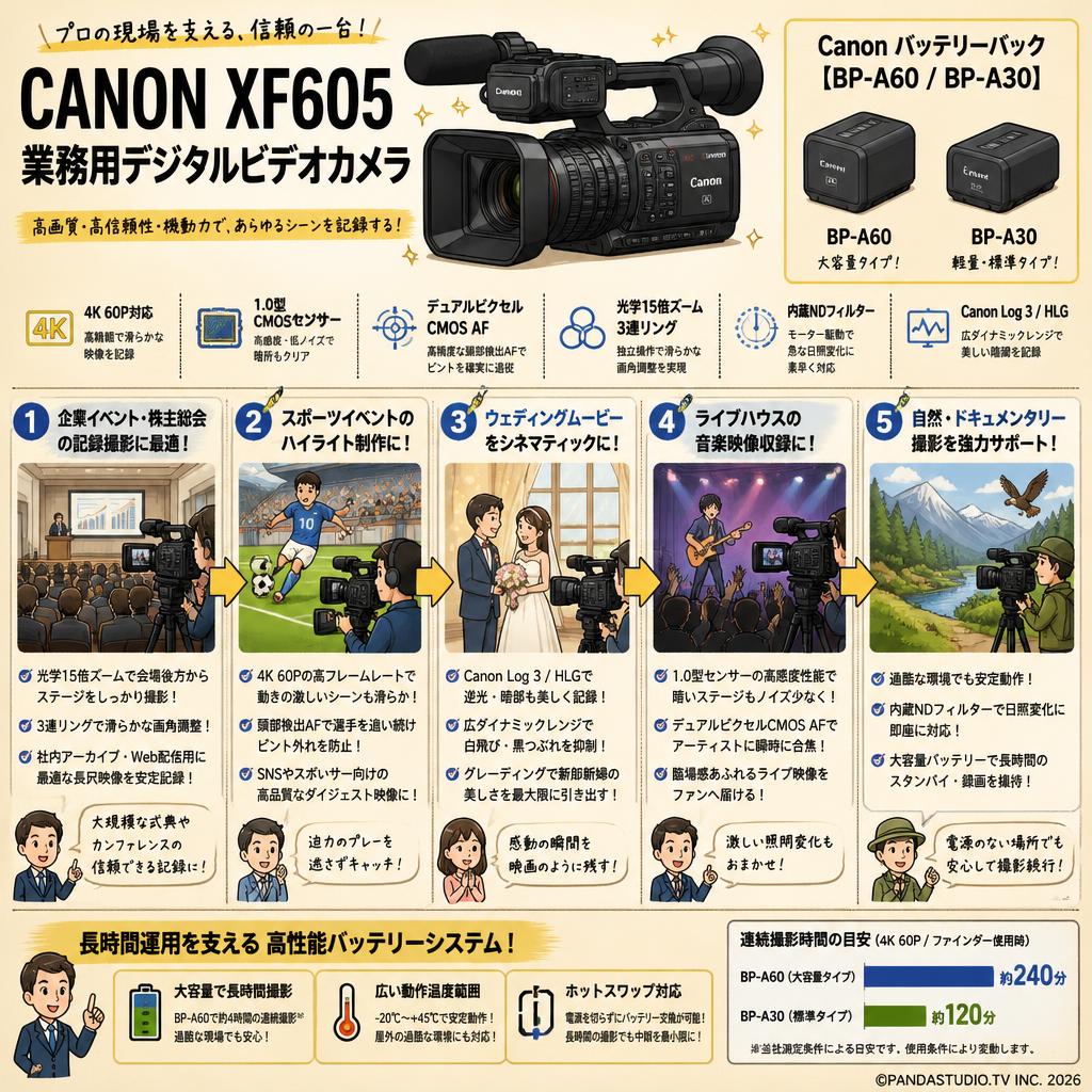 CANON XF605 業務用デジタルビデオカメラ/ Canon バッテリーパック【BP-A60/BP-A30】 用途