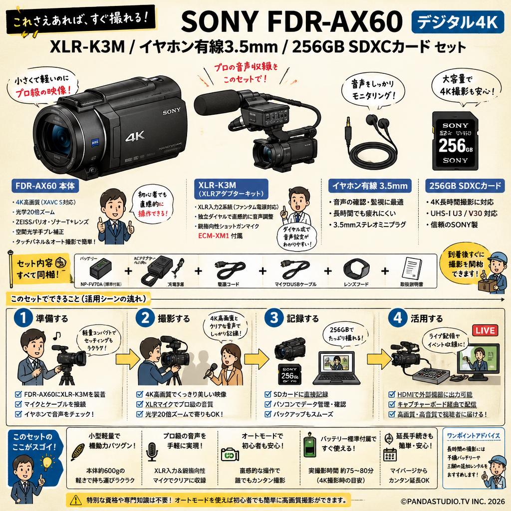 SONY FDR-AX60 デジタル４K / XLR-K3M / イヤホン有線 3.5mm / 256GB SDXCカード セット FAQ（よくある質問と答え）
