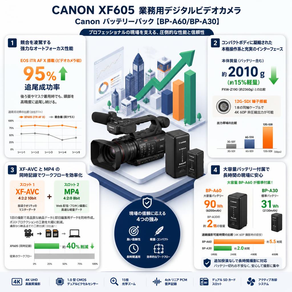 CANON XF605 業務用デジタルビデオカメラ/ Canon バッテリーパック【BP-A60/BP-A30】 セールスポイント