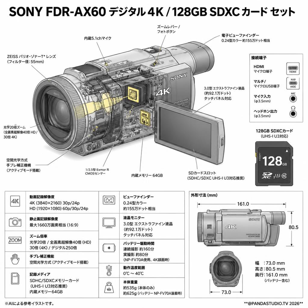 SONY FDR-AX60 デジタル４K / 128GB SDXCカード セット スペック