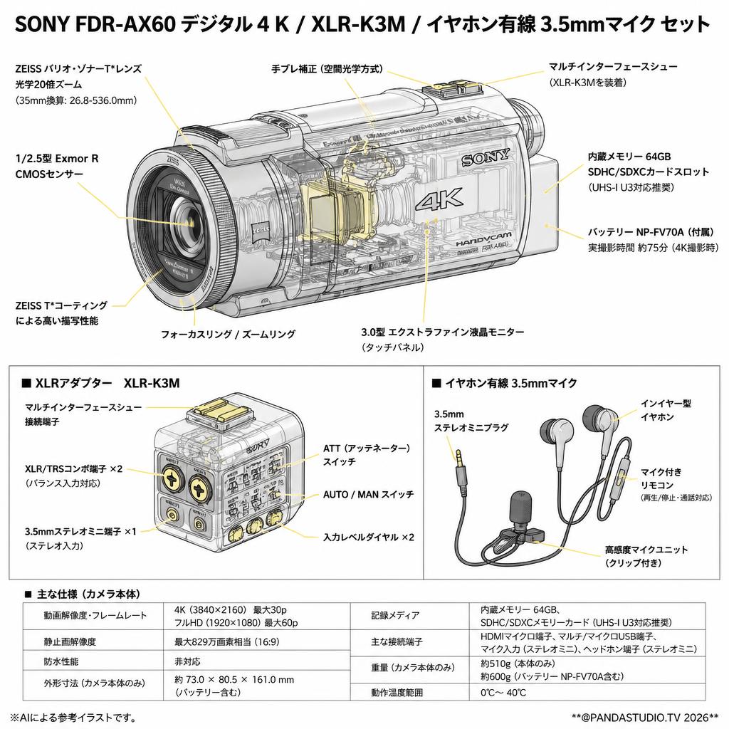 SONY FDR-AX60 デジタル４K / XLR-K3M / イヤホン有線 3.5mmマイク セット スペック