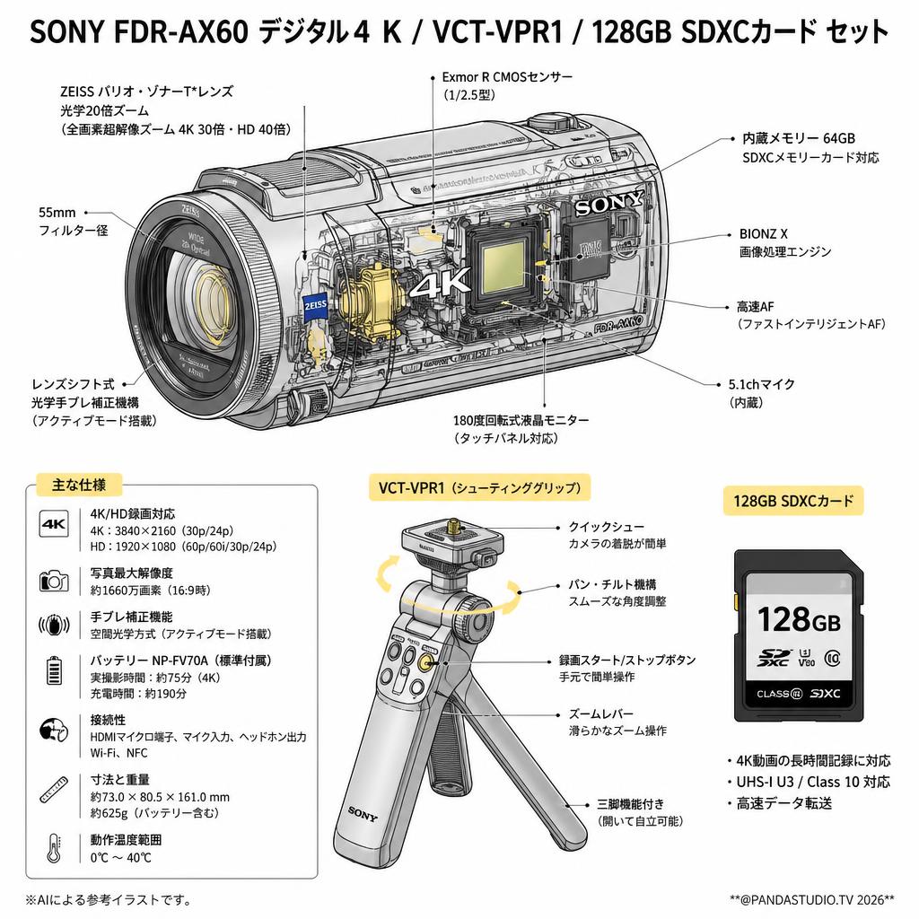 SONY FDR-AX60 デジタル４K / VCT-VPR1 / 128GB SDXCカード セット スペック