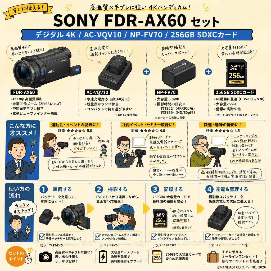 SONY FDR-AX60 デジタル４K / AC-VQV10 / NP-FV70 / 256GB SDXCカード セット インターネット上のお客様の声（評判）