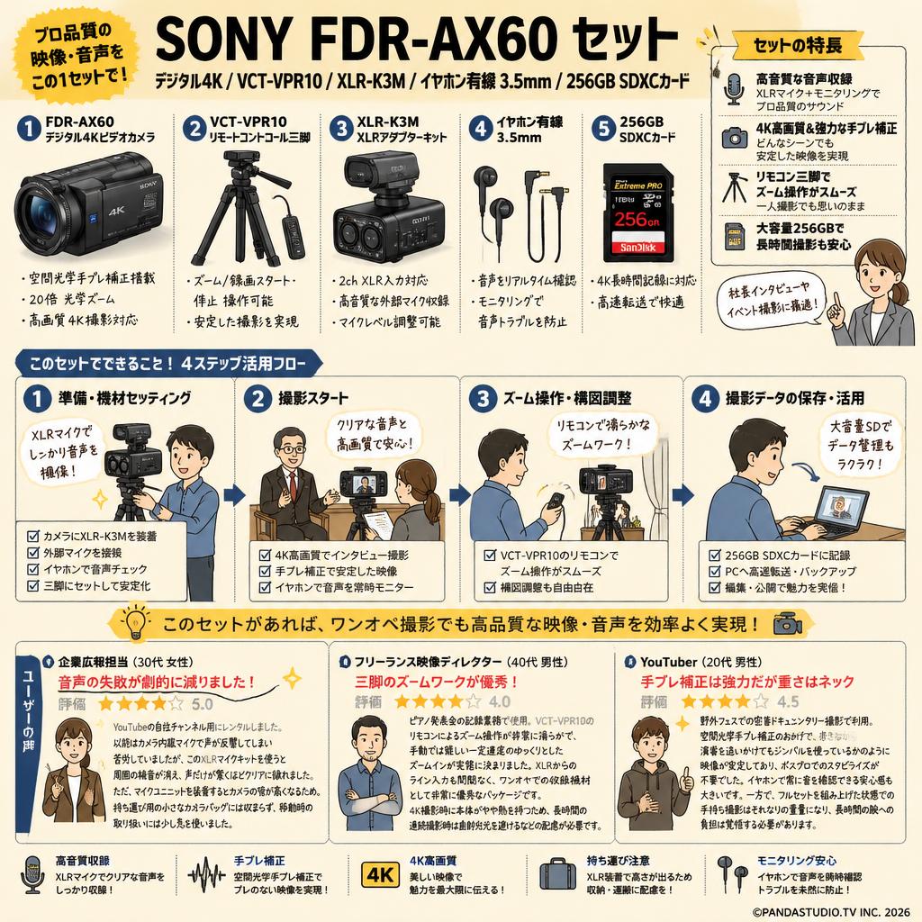 SONY FDR-AX60 デジタル４K / VCT-VPR10 / XLR-K3M / イヤホン有線 3.5mm / 256GB SDXCカード セット インターネット上のお客様の声（評判）
