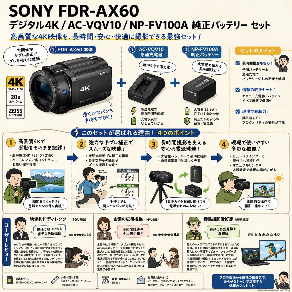 SONY FDR-AX60 デジタル４K / AC-VQV10 / NP-FV100A 純正バッテリー セット インターネット上のお客様の声（評判）